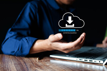 Downloading data from cloud storage. Man using laptop with download bar on virtual screen.