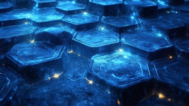 Futuristic neon blue layout with radiant pathways and stacked, softly lit hexagon grids 