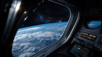 Fototapeta premium Inside a spacecraft, a view reveals the curvature of Earth with clouds swirling below. Stars twinkle in the deep blackness of space, highlighting the vastness of the cosmos