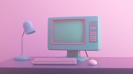 Retro Computer Setup with Pastel Colors and Minimalist Design for Nostalgic Tech Themes