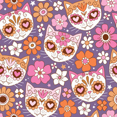 Seamless vector pattern with cute cat skulls and vintage flowers. Hand drawn floral calavera background. Spooky Halloween skull drawing.  EPS 10 vector file. Perfect for textile or print design.