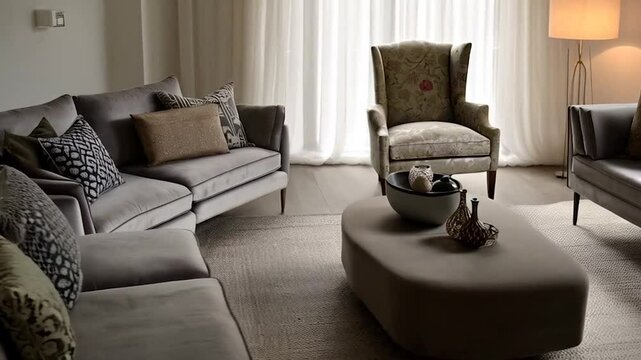 Modern Living Room Interior With Sofa, Armchair, Floor Lamp And Coffee Table