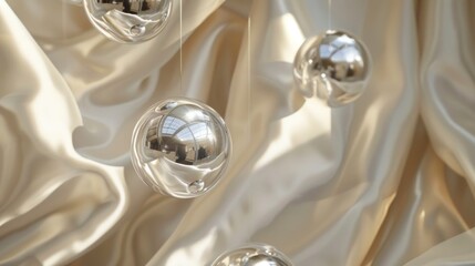 Reflective spheres hanging from draped fabric