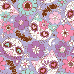 Seamless vector pattern with cute cat skulls and vintage flowers. Hand drawn floral calavera background. Spooky Halloween skull drawing.  EPS 10 vector file. Perfect for textile or print design.