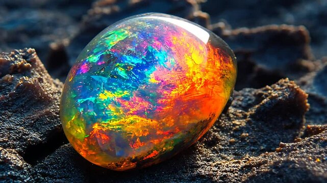 Mesmerizing display of colors inside a precious opal stone gem on dark sand