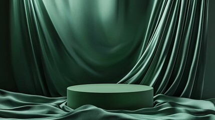 Emerald green silk draped podium, a minimalist backdrop.