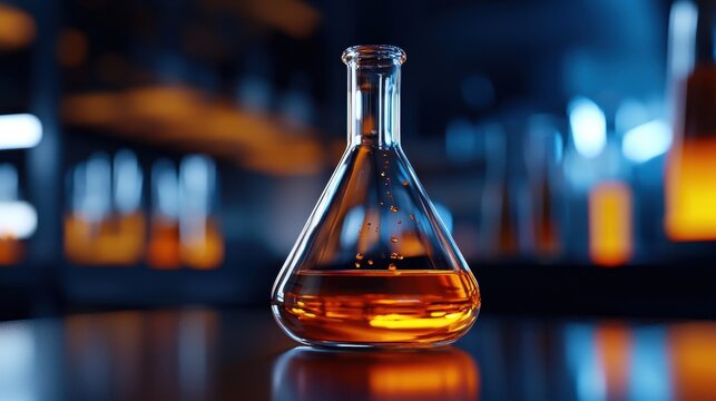A laboratory setting features a glass flask containing a striking orange liquid. The background shows blurred shelves with various chemical containers, indicating an experiment in progress