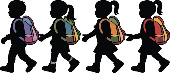  Black silhouettes of children walking with backpacks, symbolizing school journey and student life. Ideal for back-to-school, education, and child development-themed projects.