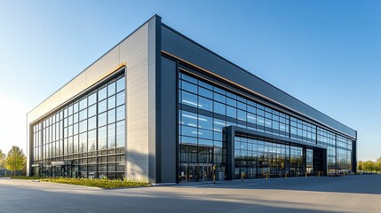 Fototapeta premium Modern industrial building with expansive glass facade.