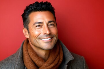 A strong and handsome man standing with grace. Creative art of style for aging men. Chic men's layered waves haircut - midlife white man with black hair. Red solid background.