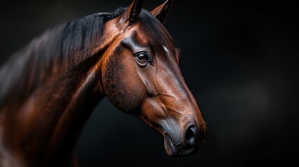 Fototapeta premium A close-up view of a majestic brown horse with a glossy coat set against a dark background. The horse's sharp features and expressive eyes capture a sense of strength and grace
