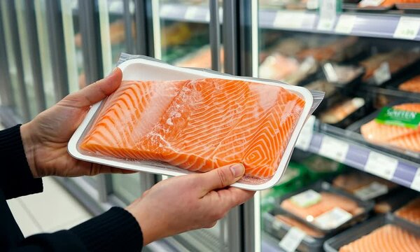 Person holding packaged salmon in grocery store freezer aisle