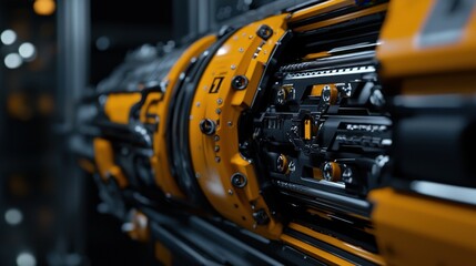 Fototapeta premium Intricate details of a high-tech industrial machine are highlighted in this workspace filled with precision equipment, emphasizing engineering brilliance and modern technology