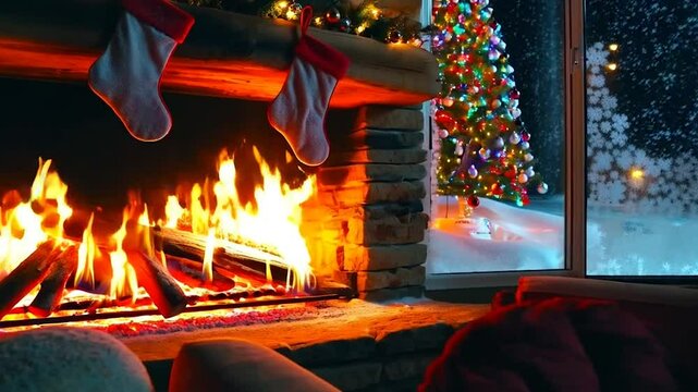 Ultra-realistic 4K UHD looped footage of a cozy Christmas fireplace at night. Crackling wood burns with glowing embers, casting warm flickering light on a rustic living room. 