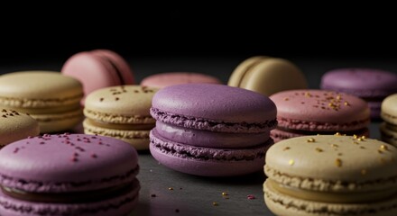 Fototapeta premium Delicate Macaron Collection: A Sweet Symphony of Colors - A delightful assortment of pastel macarons, showcasing delicate flavors and exquisite textures. Symbolising: elegance, sweetness, artistry