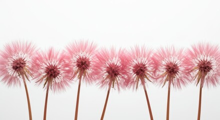 Obraz premium Delicate Pink Dandelions on White - Serene, whimsical, delicate, peaceful, floral. Pink dandelions against a white background evoke feelings of calm and beauty