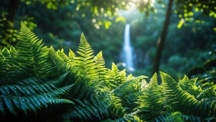 Ferns in Foreground Waterfall in Background Lush Nature