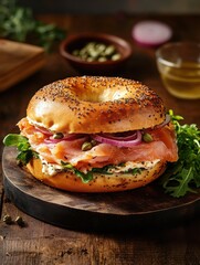 A breakfast bagel sandwich with smoked salmon, cream cheese, red onions, and capers, served with a side of greens