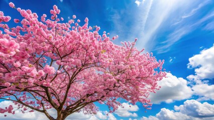 Vibrant pink cherry blossom tree in full bloom against a clear blue sky with soft white clouds, blossoming trees, outdoor scenes