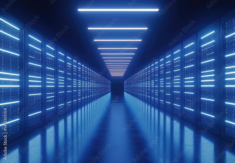 Poster symmetrical corridor of glowing blue server racks in a high-tech data center, ideal for tech marketi