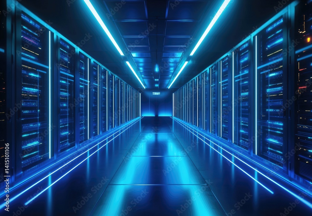 Poster futuristic server corridor with glowing blue lights and reflections, ideal for ai platforms, cloud i