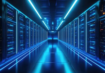 Fototapeta premium Futuristic server corridor with glowing blue lights and reflections, ideal for AI platforms, cloud infrastructure, cybersecurity, and advanced data management visuals