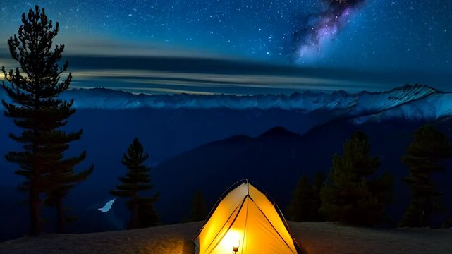 4K UHD seamless looping timelapse of a serene mountain camping scene at dusk. A cozy tent illuminated by warm lantern light, surrounded by towering pine trees, with a breathtaking view of snow-capped 