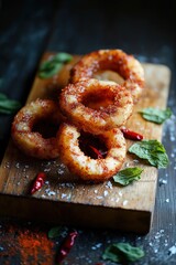 Crispy chili pineapple rings on rustic wooden cutting board, surrounded by chili flakes and mint leaves