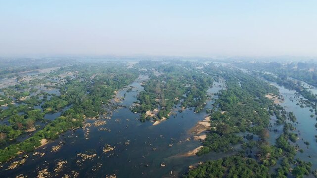 The Mekong River branch at Li Phi Falls in Asia, Laos, Champasak, 4000 Islands, Don Det, on a sunny day.&nbsp;