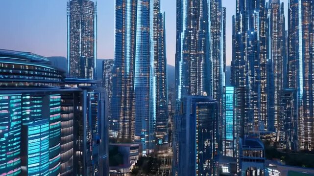 Futuristic city utilizing smart building technology showcasing energy consumption and efficiency data visualization. Promoting sustainable urban development and intelligent infrastructure management