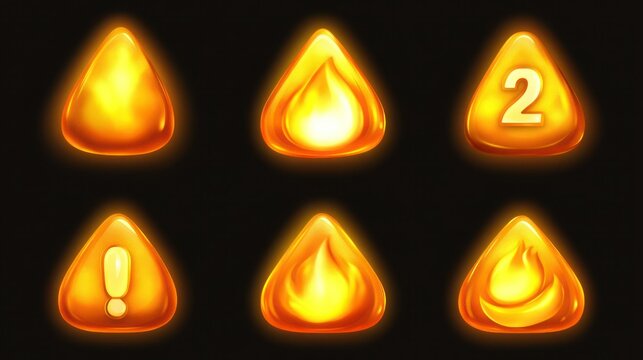 Set of glowing, triangular fire icons