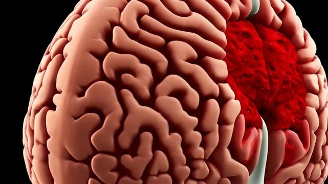 3D animation of a human brain rotating 360 degrees with the substantia nigra highlighted in red. The substantia nigra plays a key role in movement control and is associated with Parkinson's disease.