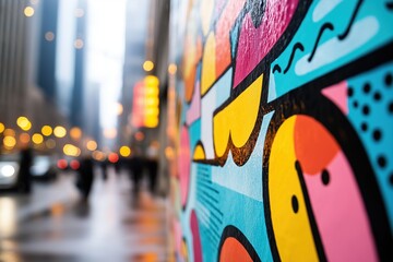 Naklejka premium Colorful street art mural with abstract designs, close-up. Urban scene with blurred pedestrians