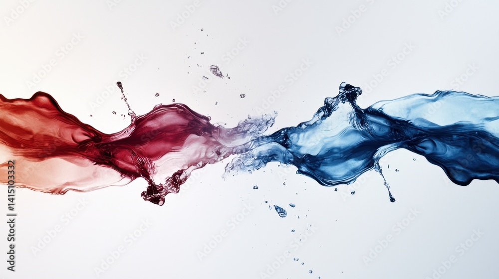 Poster vivid red and blue liquids intertwine in a striking display, creating dynamic splashes against a sof
