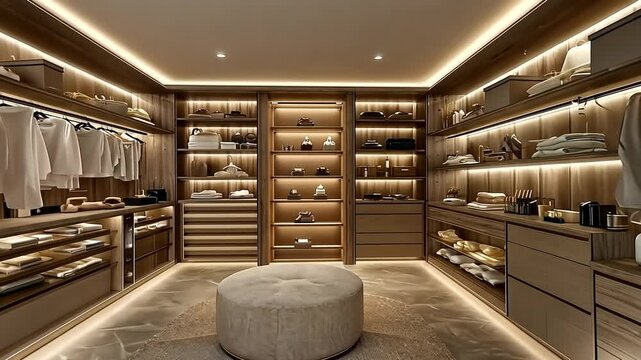 Luxurious walk-in closet with built-ins, clothes, and seating