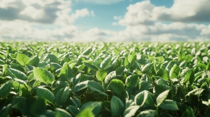 Lush green soybean field under a bright, partly cloudy sky.