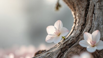 Fototapeta premium there is a white flower with pink petals on a tree