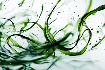 Macrophotography of levitating seaweed, green strands floating in air, abstract visual effect