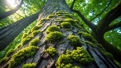 Fototapeta premium Moss Growing on Tree Bark in Forest Sunlight