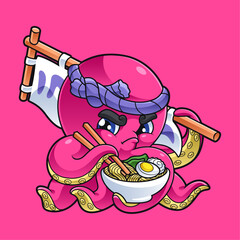 cute octopus and ramen cartoon