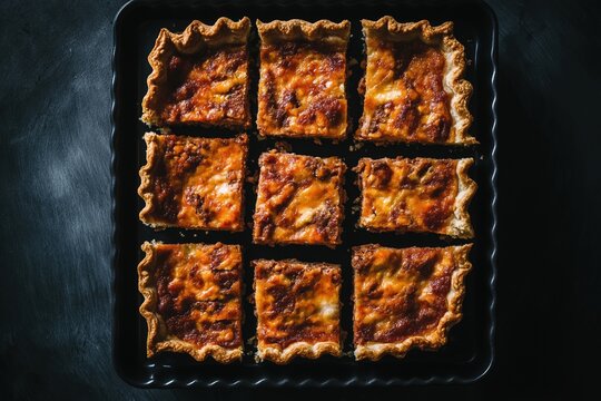 Savory meat and vegetable pie slices arranged evenly on black ceramic plate, top view - Powered by Adobe