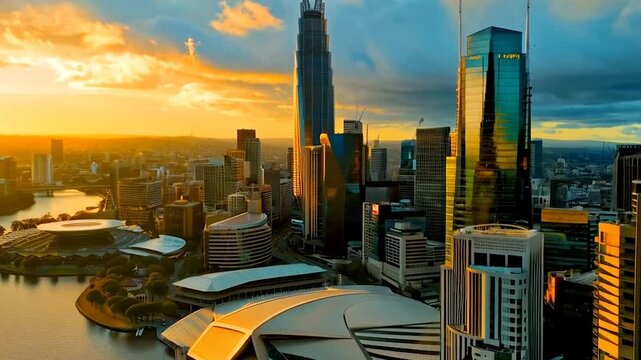 Cinematic 4K aerial drone shot soaring upward and forward over Melbourne, Australia's skyline at golden hour, capturing the yarra River, skyscrapers like Eureka Tower, and Federation Square in ultra-H