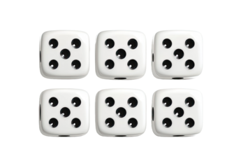 Set of six white dice with black dots