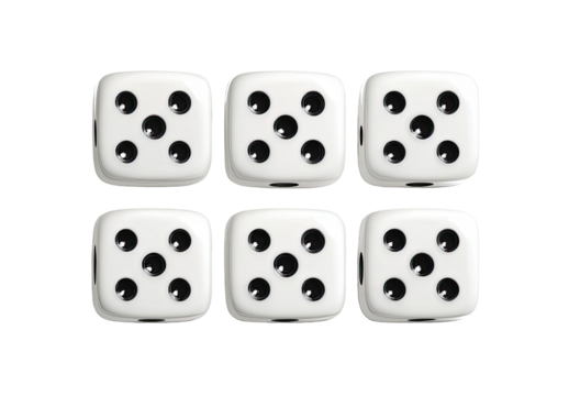 Set of six white dice with black dots