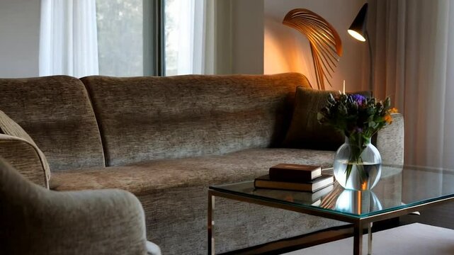 Modern Living Room Interior With Sofa, Armchair, Floor Lamp And Coffee Table