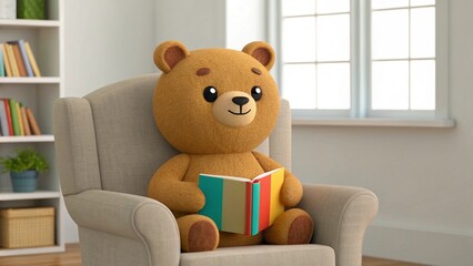 This stock photo features a charming animated teddy bear with a sweet smile, sitting in a gray chair and holding a book with vibrant blue, green, red, and yellow pages