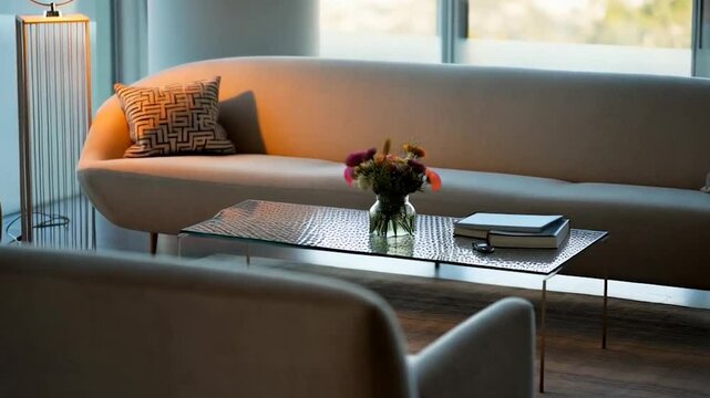 Modern Living Room Interior With Sofa, Armchair, Floor Lamp And Coffee Table