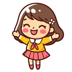 Sweet happy girl in school uniform, jump with open arms, cheerful schoolgirl, doodle cartoon character, kawaii isolated cute clean and simple vector illustration