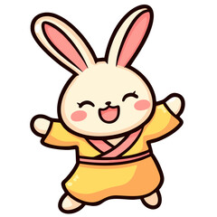 Happy bunny in kimono, cheerful dancing rabbit, doodle cartoon character, kawaii isolated cute clean and simple vector illustration