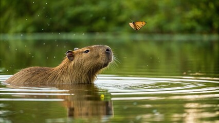 A charming scene of a brown capybara swimming in calm water, looking up at an orange butterfly fluttering above its head in a natural, green environment